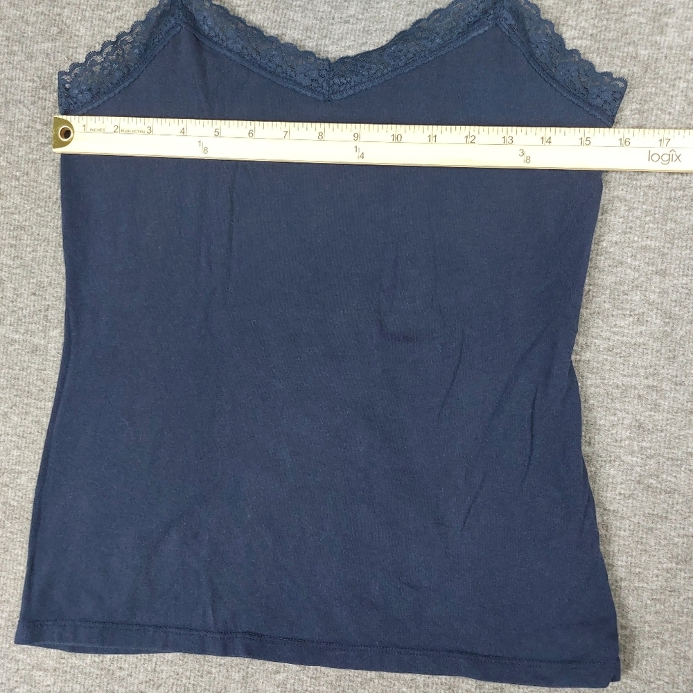 MERONA WOMENS Y2K NAVY BLUE PREPPY DARK FEMININE DAINTY LACE TRIM CAMI SIZE S - Picture 2 of 5